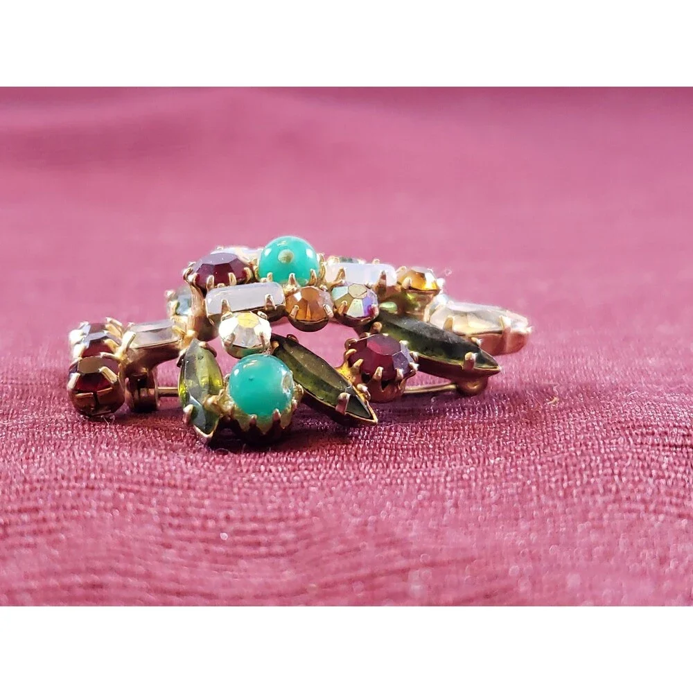 Vintage Unsigned Multi Colored Faux Pearl, Rhinestone, Bead Tree Pin/Brooch